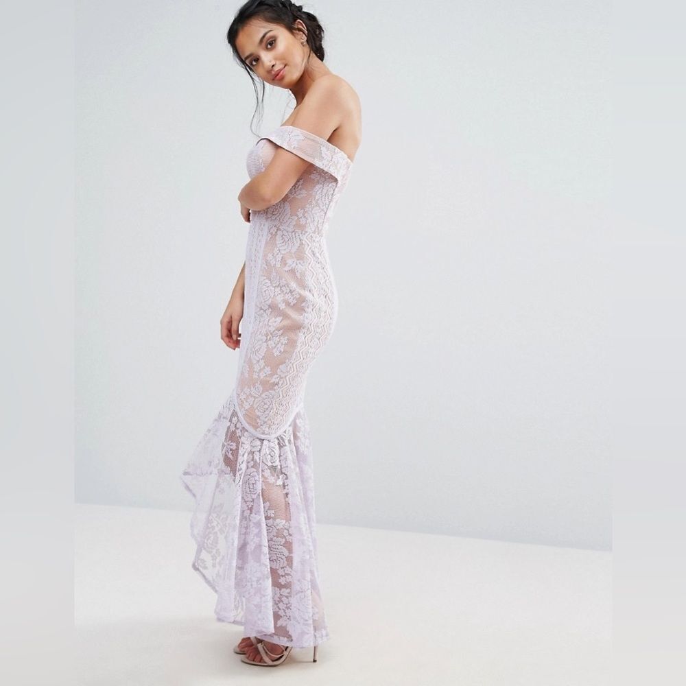 Jarlo All Over Lace Off Shoulder Fishtail Dress Lavender - Picture 2 of 5